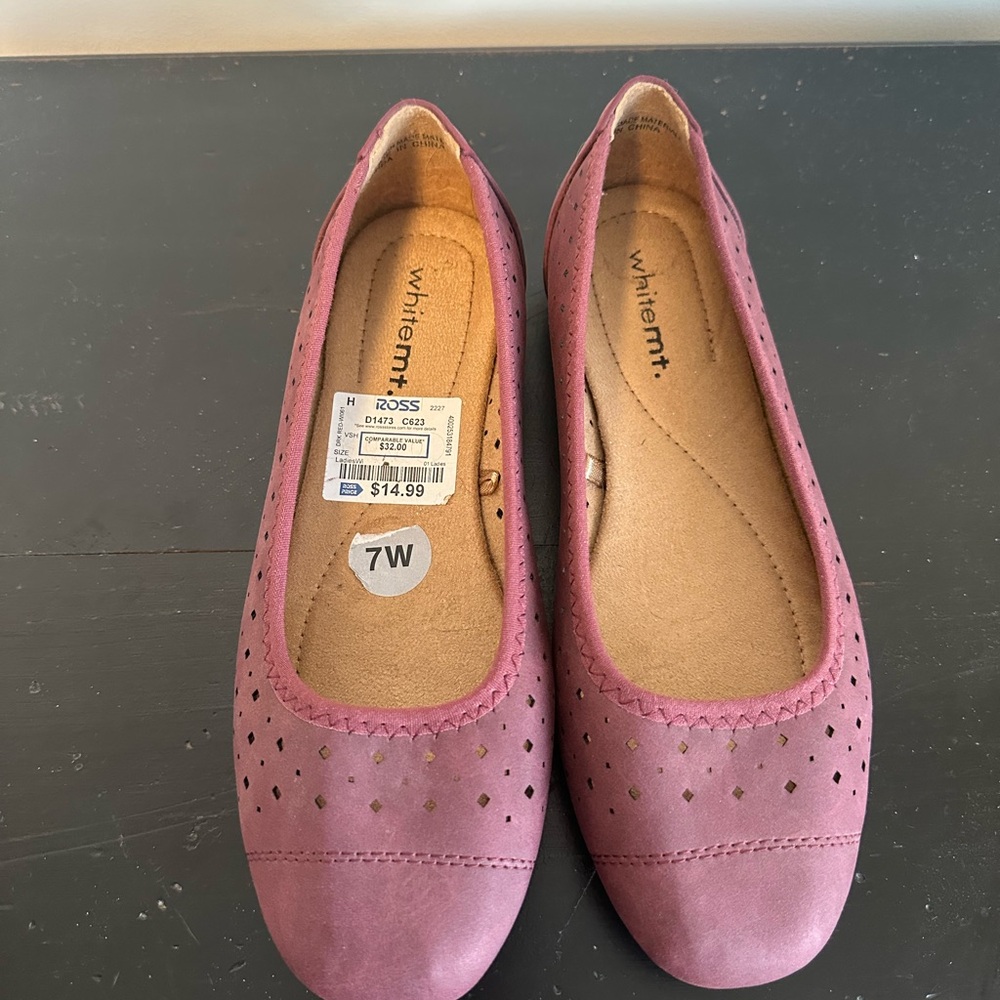 White mt. Pink Suede Ballet Flats with Perforated Design